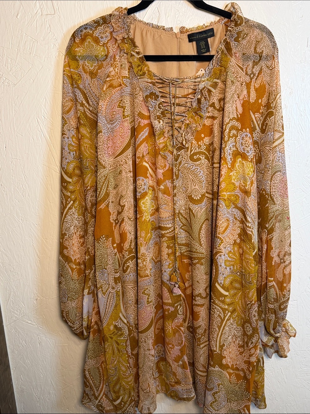 House of Harlow 1960 Rust Mustard Paisley Lace-Up Midi Dress